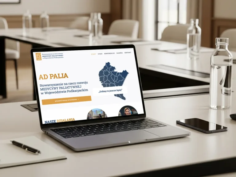 Laptop na stole konferencyjnym wyświetla stronę www Ad Palia, która wspiera opiekę paliatywną w Polsce. Scena rozgrywająca się w Rzeszowie przedstawia puste siedzenia i szklane naczynia, co nawiązuje do spotkania Stowarzyszenia Medycyny Paliatywnej.