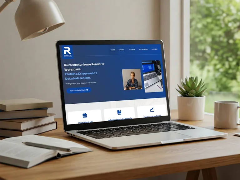 Laptop na drewnianym biurku wyświetla Stronę WWW Biura Rachunkowego w Warszawie. Na biurku znajduje się również notatnik, długopis, roślina doniczkowa i lampa. Rozmyte tło pokazuje część zasłony i ściany.