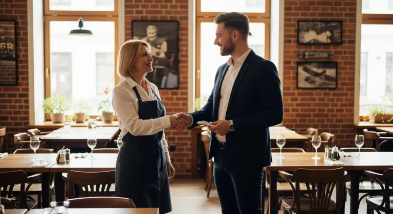 Kobieta w fartuchu i mężczyzna w garniturze ściskają sobie dłonie i uśmiechają się w przytulnej, słonecznej restauracji z ceglanymi ścianami - pokazując, w jaki sposób lokalne firmy w Rzeszowie nawiązują ze sobą kontakt. Idealne miejsce na Twoją stronę internetową.