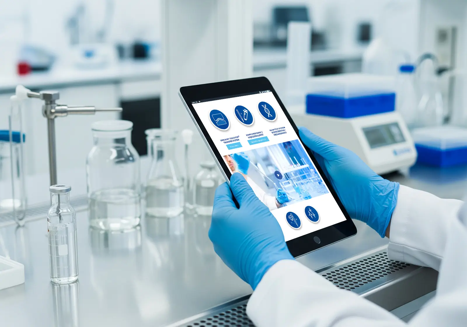 Osoba ubrana w niebieskie rękawiczki trzyma tablet wyświetlający stronę www OmniTip, a na stole widoczne są szkło laboratoryjne i sprzęt w jasnym, czystym środowisku laboratoryjnym.
