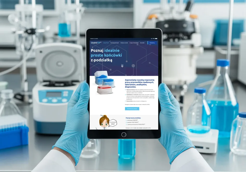 Osoba w niebieskich rękawiczkach trzyma tablet, na którym wyświetlana jest strona internetowa Branża Laboratoryjna WordPress w języku polskim. Na rozmytym tle widoczny jest sprzęt laboratoryjny i szkło, co sugeruje nowoczesne laboratorium w Warszawie.