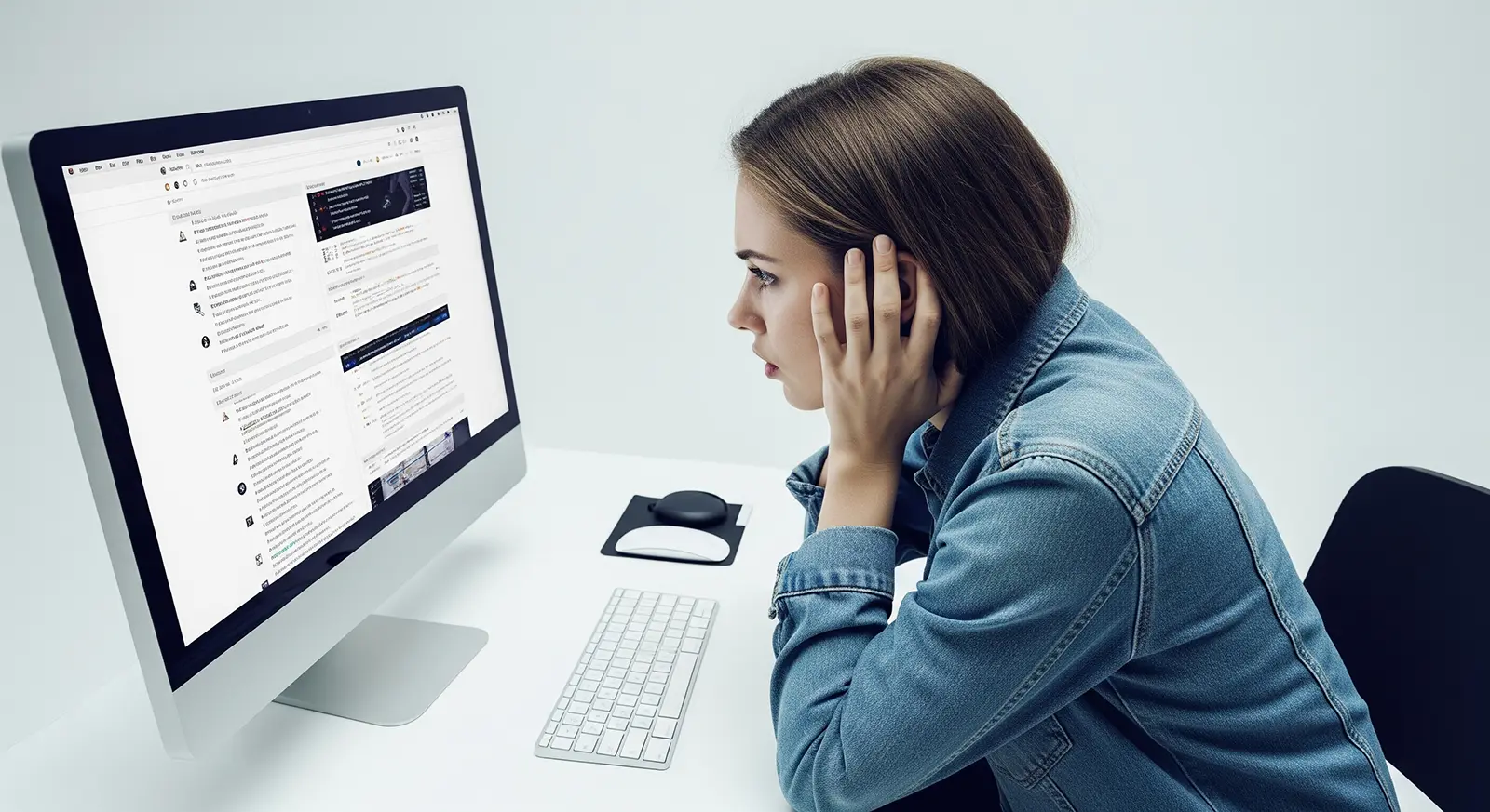 Kobieta w kurtce jeansowej siedzi przy biurku, uważnie wpatrując się w duży monitor z kilkoma otwartymi oknami przeglądając strony internetowe firm z Rzeszowa. Jej czyste, minimalistyczne miejsce pracy odzwierciedla jej skupienie.