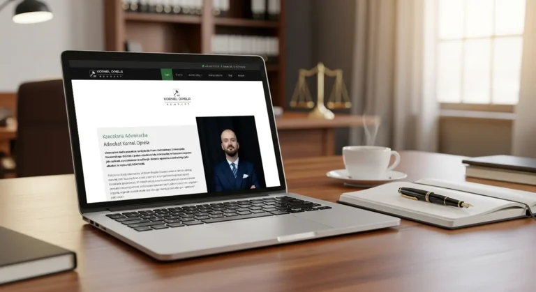 Laptop na drewnianym biurku wyświetla stronę www dla adwokata z Rzeszowa. Na biurku leży notatnik, długopis, kubek z kawą i dokumenty. W tle widoczne są półki z książkami.