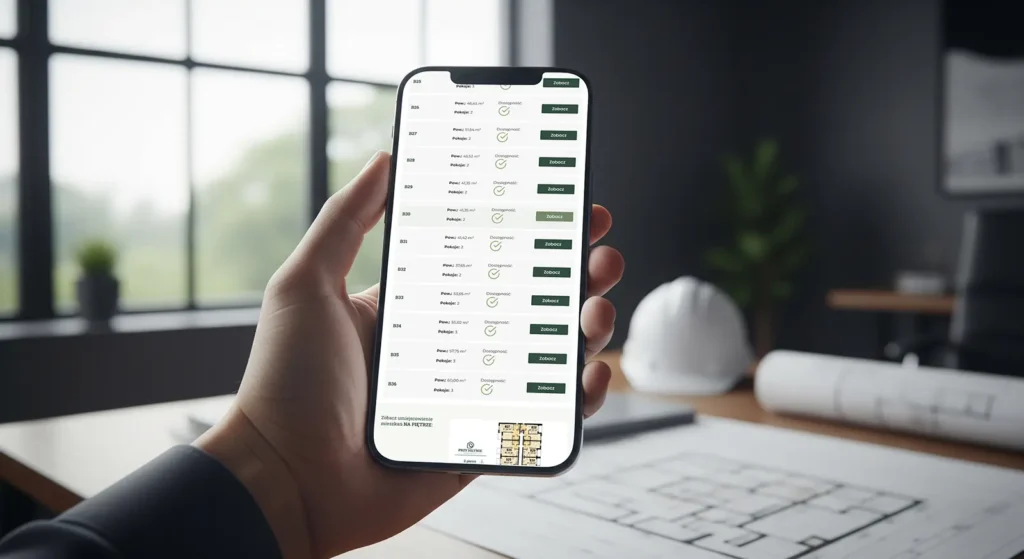 Osoba trzyma smartfon wyświetlający oferty apartamentów przy Młynie. W tle na biurku przy dużych oknach leżą plany i kask ochronny, co sugeruje, że deweloper Rzeszów przegląda swoją stronę www w poszukiwaniu opcji.