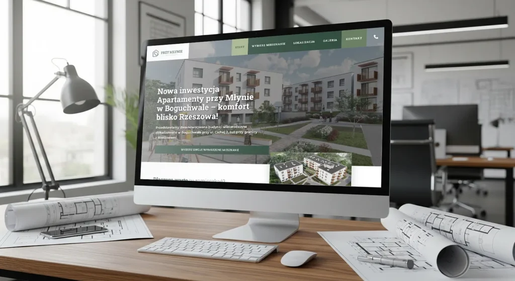 Monitor komputera na biurku architekta wyświetla Apartamenty przy Młynie - stronę www dewelopera dla nowej inwestycji mieszkaniowej pod Rzeszowem. Plany, lampa i niewielka makieta domu dopełniają wystrój nowoczesnego biura.