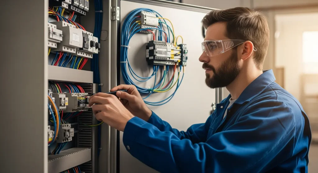 Elektryk w niebieskiej kurtce roboczej i okularach ochronnych pracuje nad okablowaniem elektrycznym wewnątrz otwartego panelu sterowania, używając narzędzi do łączenia przewodów w Lublinie.