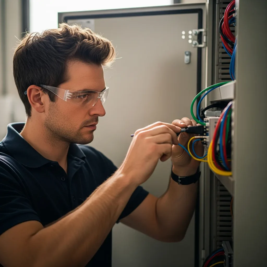 Elektryk z Lublina, w okularach ochronnych, pracuje nad okablowaniem elektrycznym wewnątrz otwartego panelu sterowania, używając śrubokręta i koncentrując się na podłączaniu kolorowych przewodów do projektu przedstawionego na jego stronie internetowej.