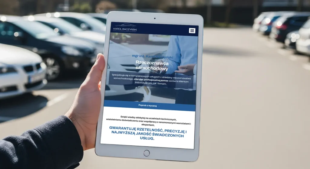 Osoba trzyma tablet wyświetlający stronę WWW dla rzeczoznawców w języku polskim o usługach rzeczoznawstwa samochodowego. W tle zaparkowane samochody podkreślają zaufanie, jakim cieszą się klienci w Rzeszowie i Jaśle.