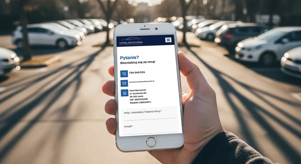 Osoba trzyma smartfon wyświetlający formularz kontaktowy w języku polskim dla profesjonalnej strony www, z samochodami zaparkowanymi na oświetlonym słońcem parkingu zewnętrznym w Rzeszowie widocznym w tle.