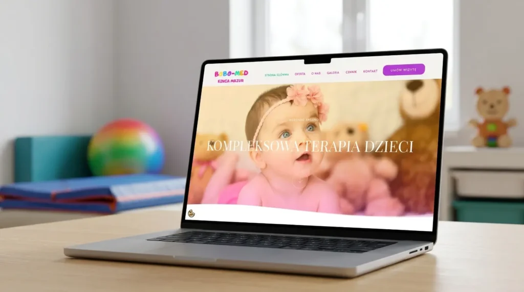 Laptop na biurku wyświetla stronę internetową ze zdjęciem dziecka i polskim tekstem KOMPLEKSOWA TERAPIA DZIECI. W rozmytym tle widoczne są zabawki, w tym pluszowy miś i kolorowa piłka.