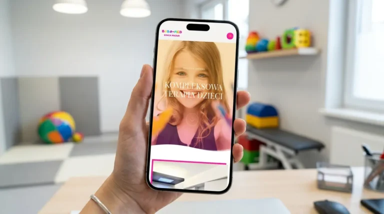 Ręka trzyma smartfon wyświetlający stronę dla gabinetu z Krosna ze zdjęciem dziecka. W tle jasno oświetlony pokój terapeutyczny z zabawkami, stolikiem i kolorową piłką do ćwiczeń.