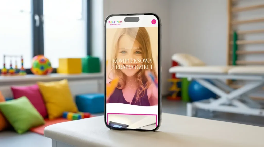Smartfon wyświetlający stronę internetową z uśmiechniętym dzieckiem na ekranie stoi na stole w kolorowym pokoju terapeutycznym z poduszkami, zabawkami i sprzętem gimnastycznym w tle.