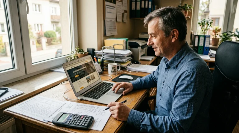 Właściciel firmy z Krosna analizuje kosztorys i projekt strony internetowej na laptopie