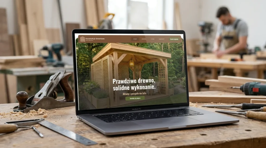 Landing page dla stolarza Jana Szpilki - sekcja główna strony Konstrukcje Drewniane z altaną ogrodową