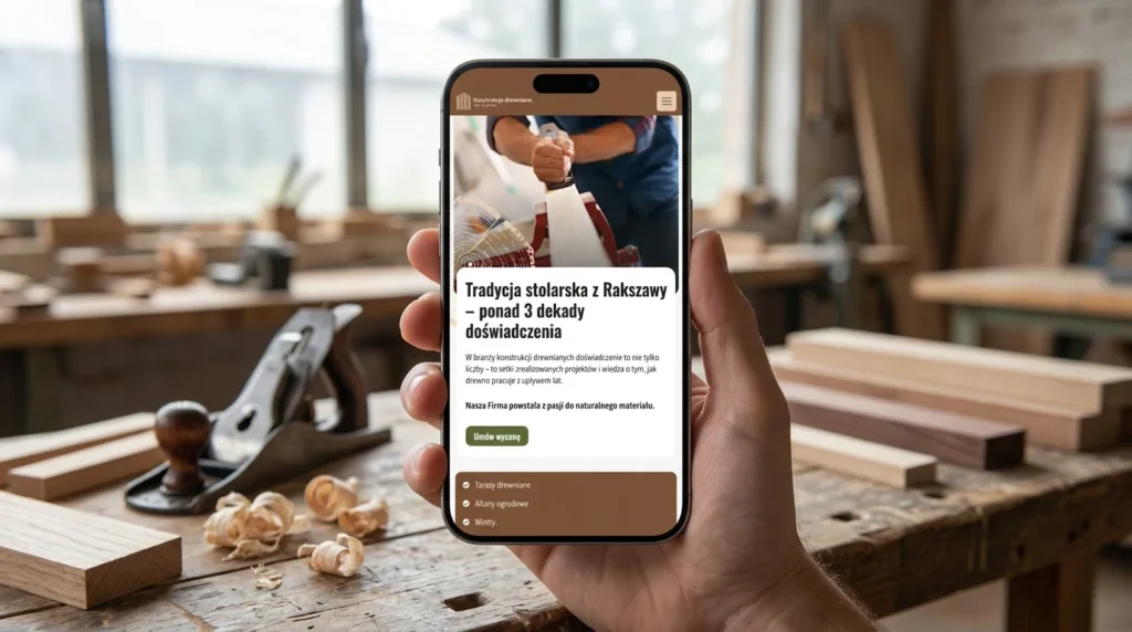 Landing page lokalnego stolarza z Rakszawy koło Rzeszowa otwarty na smartfonie w warsztacie