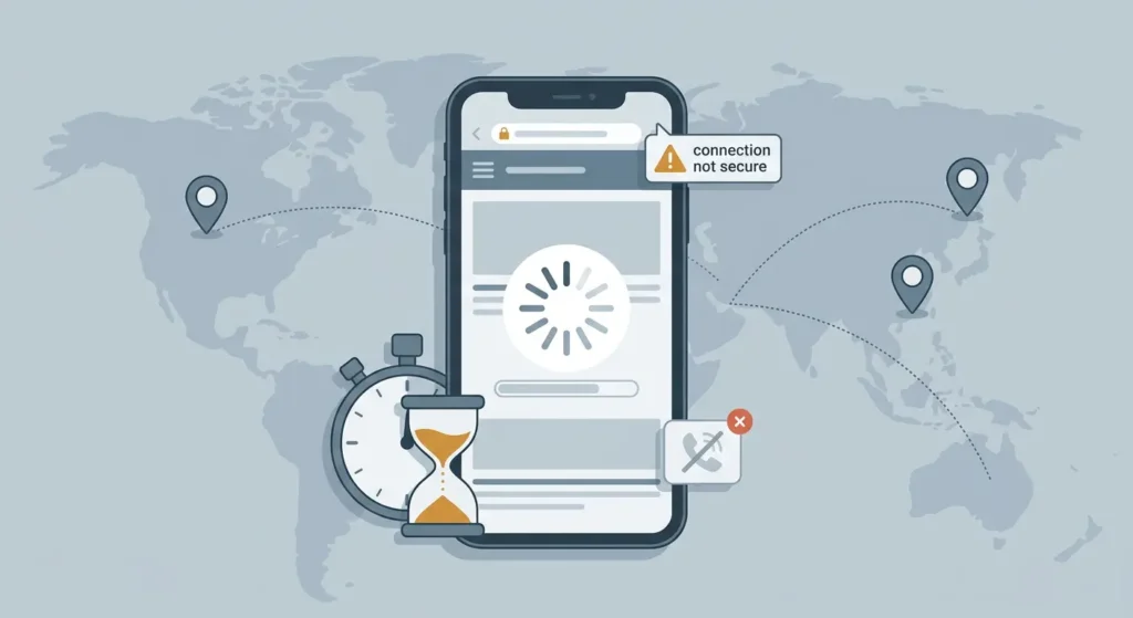 Ilustracja przedstawiająca smartfon z ekranem ładowania, ostrzeżeniem o niezabezpieczonym połączeniu, klepsydrą, stoperem oraz mapą w tle, symbolizująca powolne i niezabezpieczone połączenia internetowe - podkreślająca znaczenie szybkiego ładowania stron dla stron internetowych w Lublinie i stron firm w Rzeszowie.