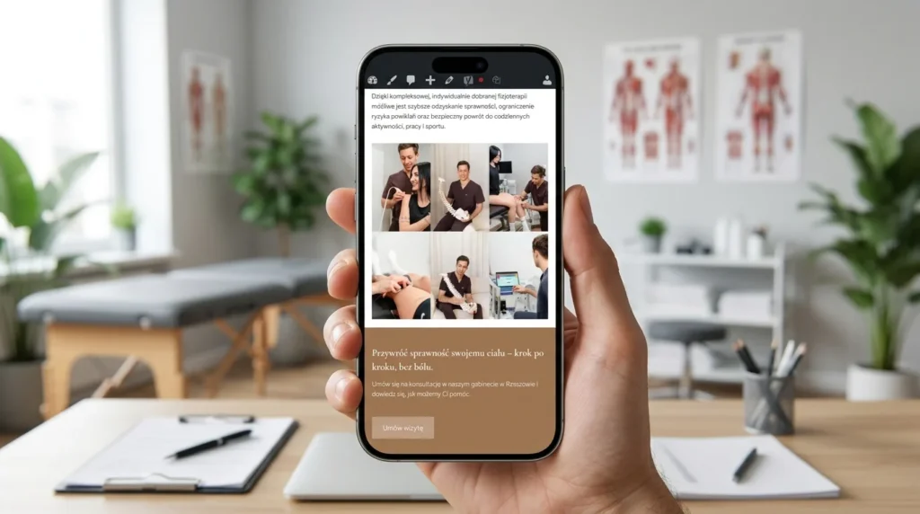 Sekcja z galerią zabiegów i przyciskiem umawiania wizyty online na stronie gabinetu Versal Therapy