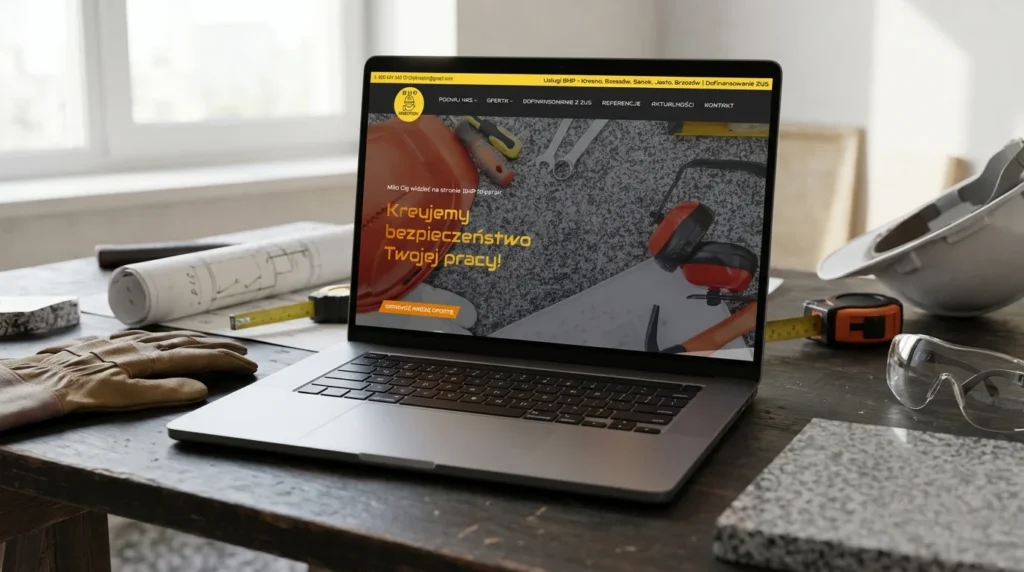 Strona internetowa firmy szkoleniowej BHP Kreator z Krosna - sekcja główna z menu usług BHP