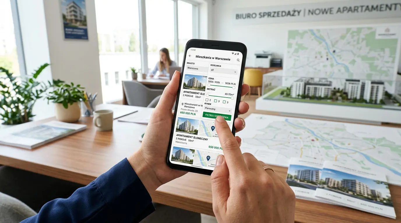 Wyszukiwarka mieszkań na stronie dewelopera na ekranie smartfona
