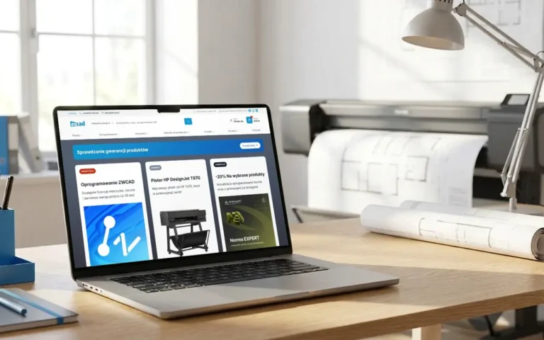 Sklep internetowy AsCad na laptopie w pracowni projektowej z ploterem wielkoformatowym