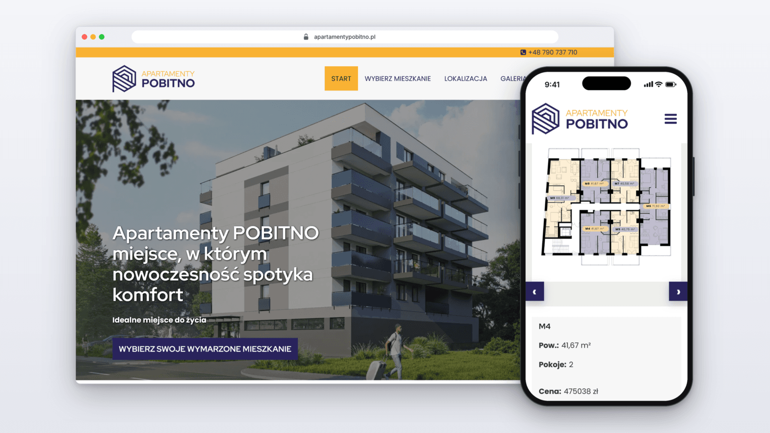 Strona inwestycji Apartamenty Pobitno na monitorze komputera i ekranie smartfona