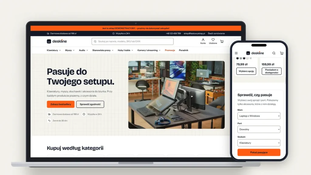 Strona główna sklepu z elektroniką w wersji na komputer i telefon z konfiguratorem zgodności