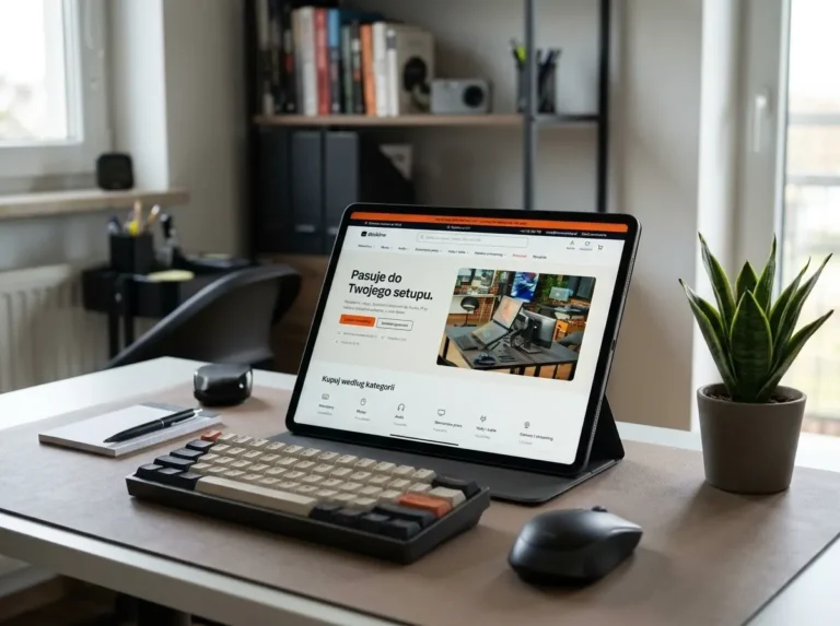 Demo sklepu z akcesoriami komputerowymi DESKLINE na laptopie i tablecie – strona główna i bestsellery