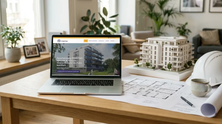 Strona inwestycji Apartamenty Pobitno na laptopie w biurze sprzedaży